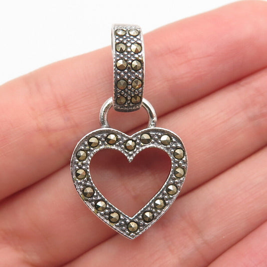 925 Sterling Silver Vintage Real Marcasite Gemstone Open Heart Pendant