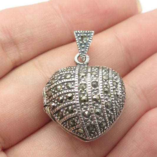 925 Sterling Silver Vintage Real Marcasite Gemstone Heart Locket Pendant