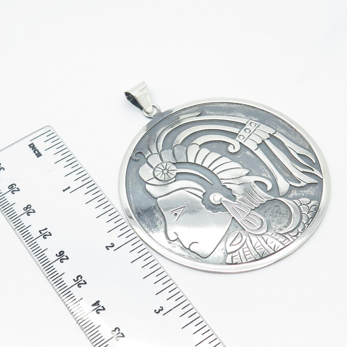 925 Sterling Silver Vintage Mexico Indian Chief Tribal Large Pendant