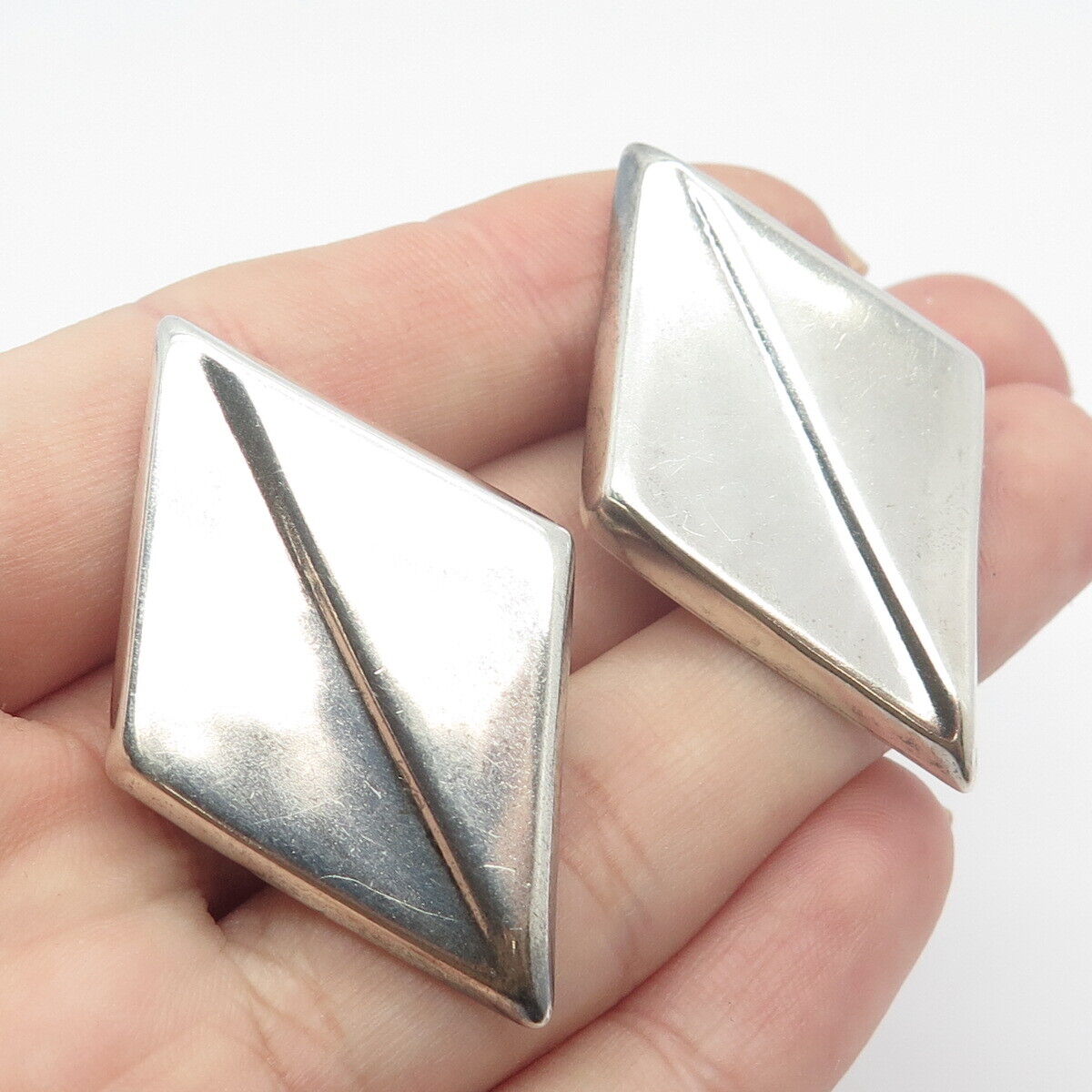 925 Sterling Silver Vintage Mexico Los Ballesteros Rhomb Clip On Earrings