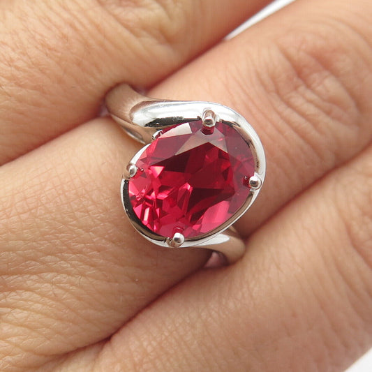 925 Sterling Silver Vintage Lab-Created Pink Sapphire Ring Size 7