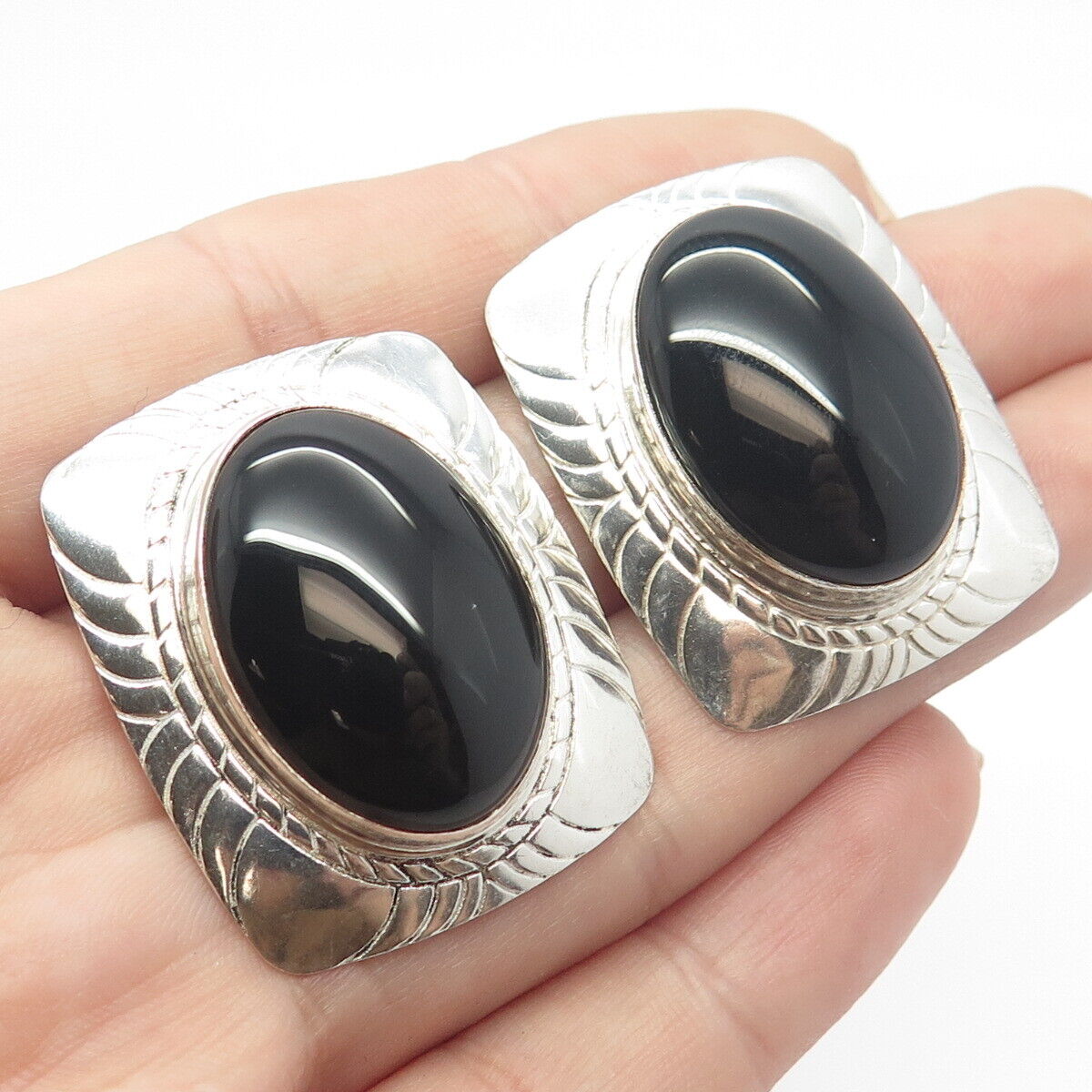 925 Sterling Silver Vintage Real Black Onyx Gem Carved Rectangle Earrings