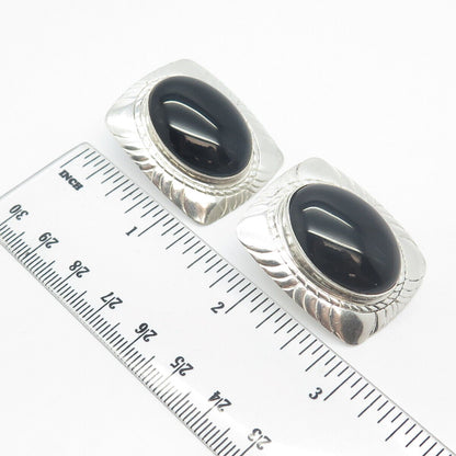 925 Sterling Silver Vintage Real Black Onyx Gem Carved Rectangle Earrings