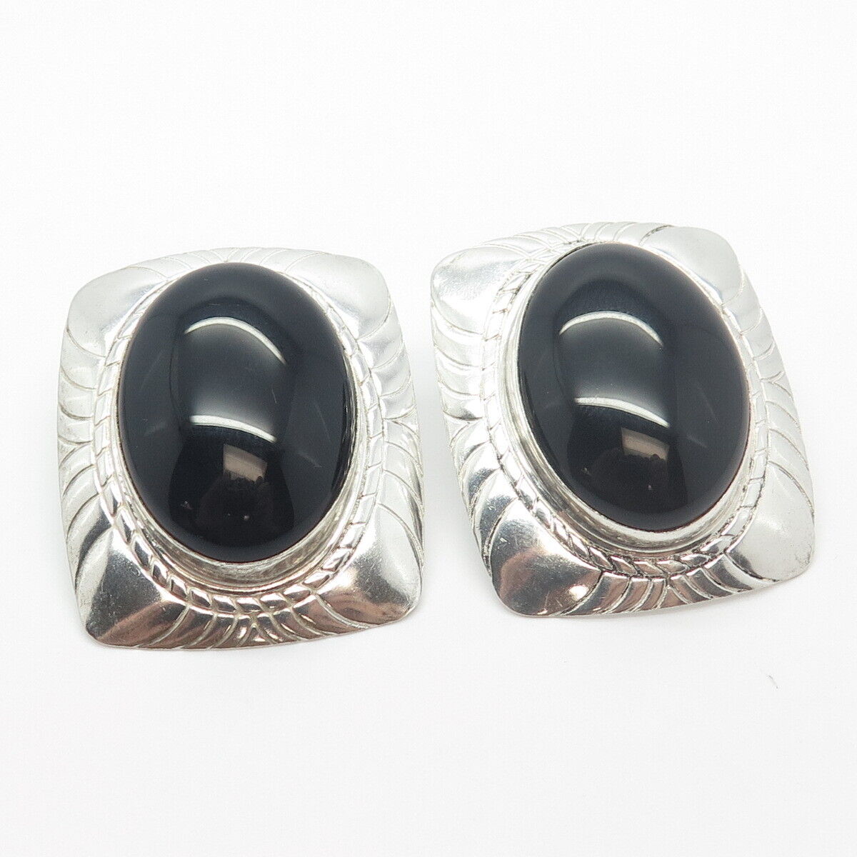 925 Sterling Silver Vintage Real Black Onyx Gem Carved Rectangle Earrings