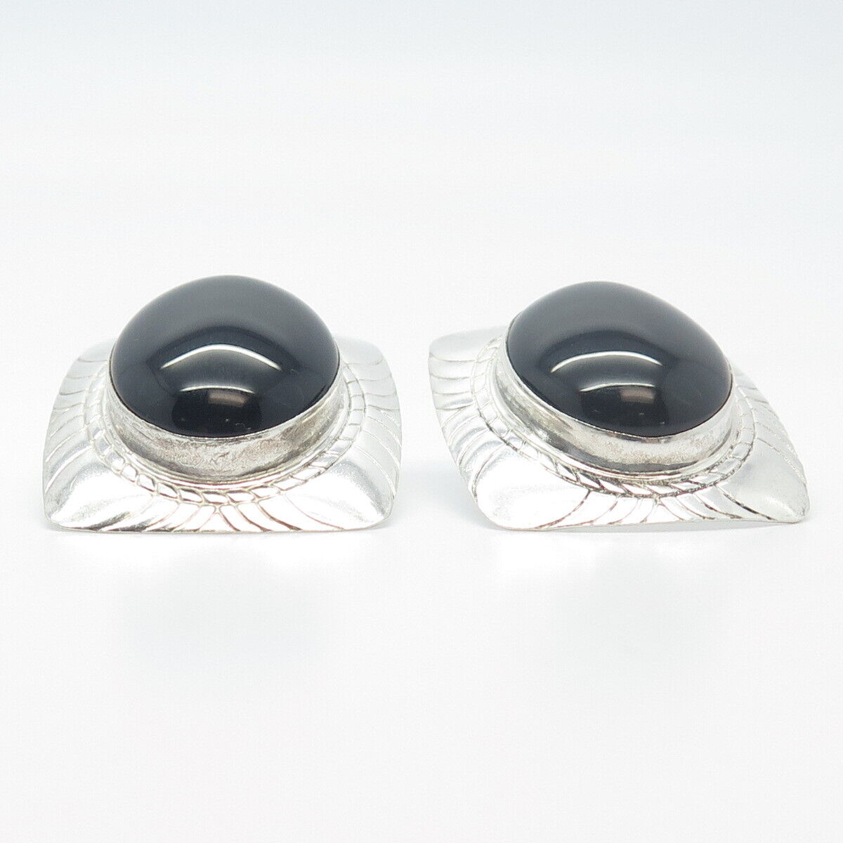 925 Sterling Silver Vintage Real Black Onyx Gem Carved Rectangle Earrings