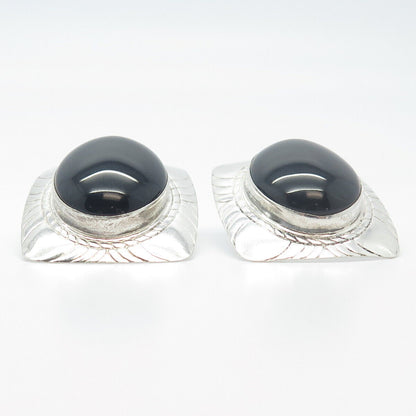 925 Sterling Silver Vintage Real Black Onyx Gem Carved Rectangle Earrings