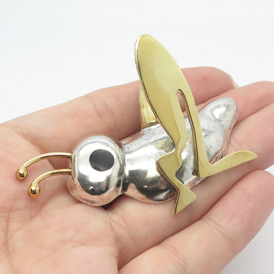 925 Sterling Silver 2-Tone Vintage Taxco Black Onyx Gem Grasshopper Pin Brooch