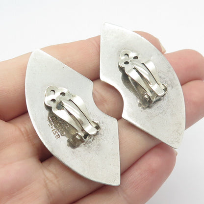 925 Sterling Silver Vintage Mexico Ribbed Modernist Clip On Earrings