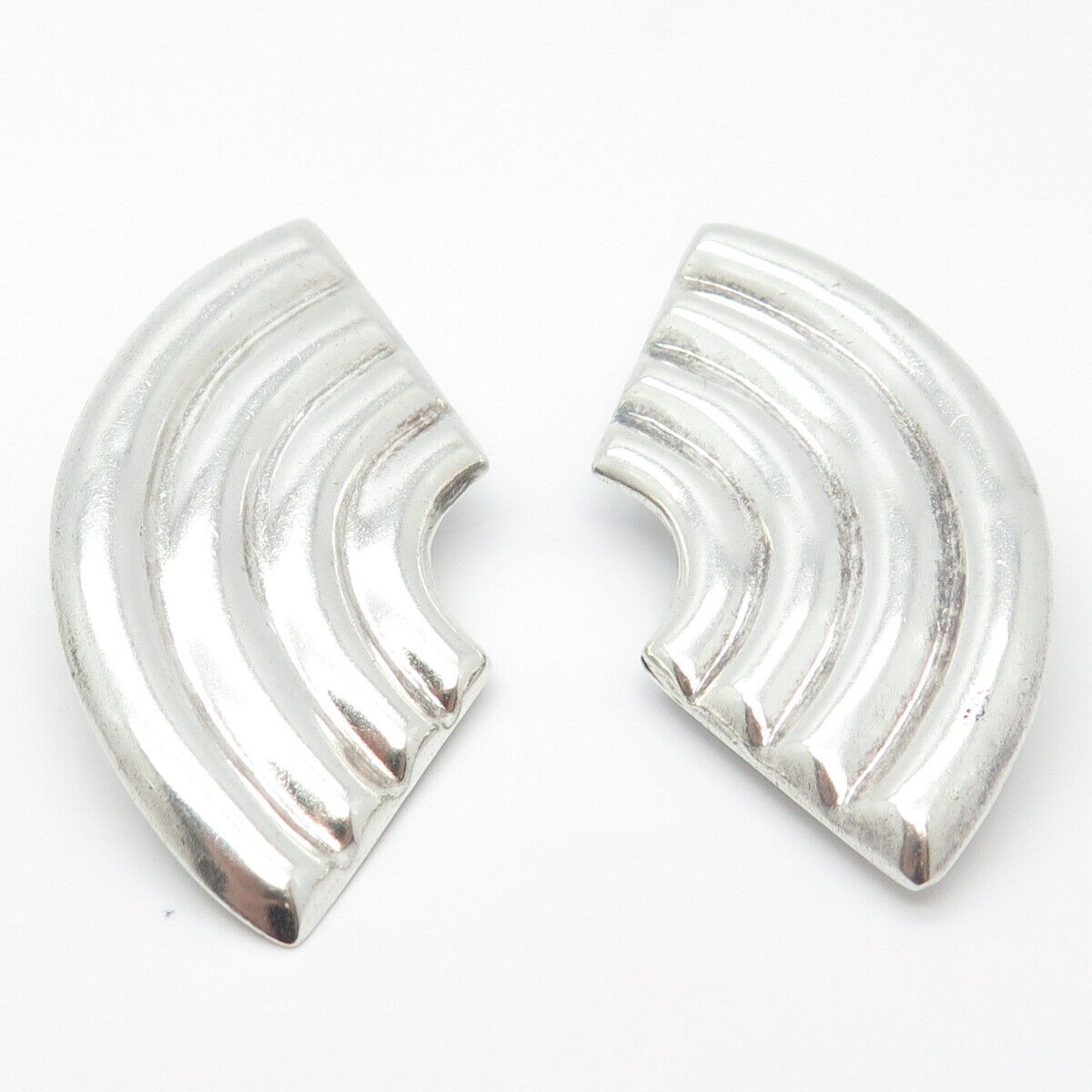 925 Sterling Silver Vintage Mexico Ribbed Modernist Clip On Earrings