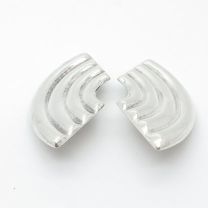 925 Sterling Silver Vintage Mexico Ribbed Modernist Clip On Earrings