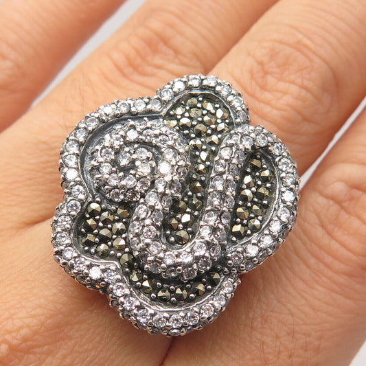 925 Sterling Silver Vintage Real Marcasite Gem & C Z Snake Ring Size 8