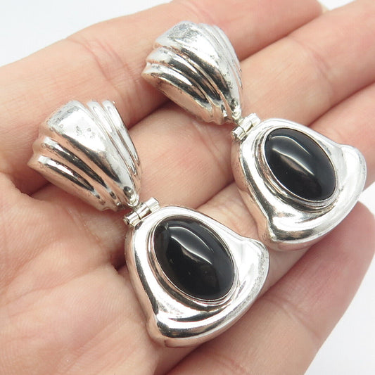 925 Sterling Silver Vintage Mexico Real Black Onyx Gemstone Dangling Earrings