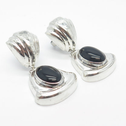 925 Sterling Silver Vintage Mexico Real Black Onyx Gemstone Dangling Earrings