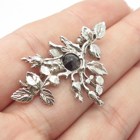 925 Sterling Silver Vintage Chuck Clemency Amethyst Gem Floral Leaf Pin Brooch