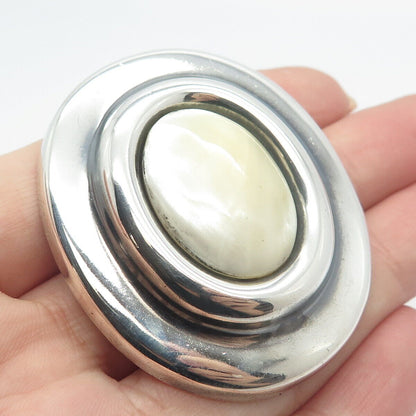 925 Sterling Silver Vintage Mexico Real Mother-of-Pearl Oval Pin Brooch /Pendant