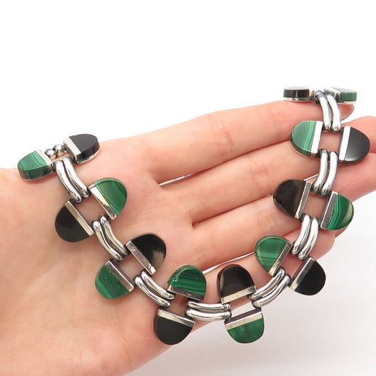 925 Sterling Silver Vintage Mexico Malachite & Black Onyx Gem Chain Necklace 18"