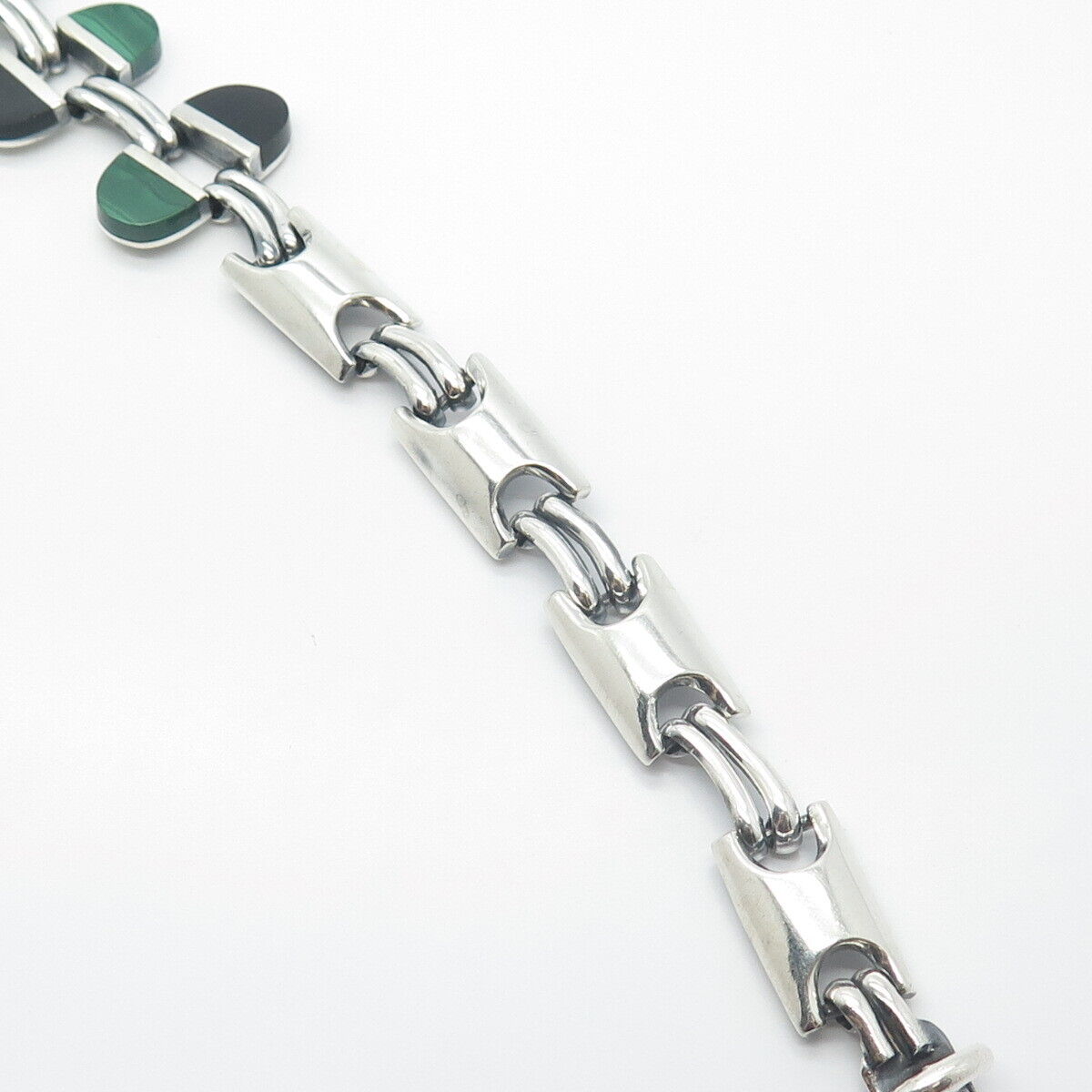 925 Sterling Silver Vintage Mexico Malachite & Black Onyx Gem Chain Necklace 18"