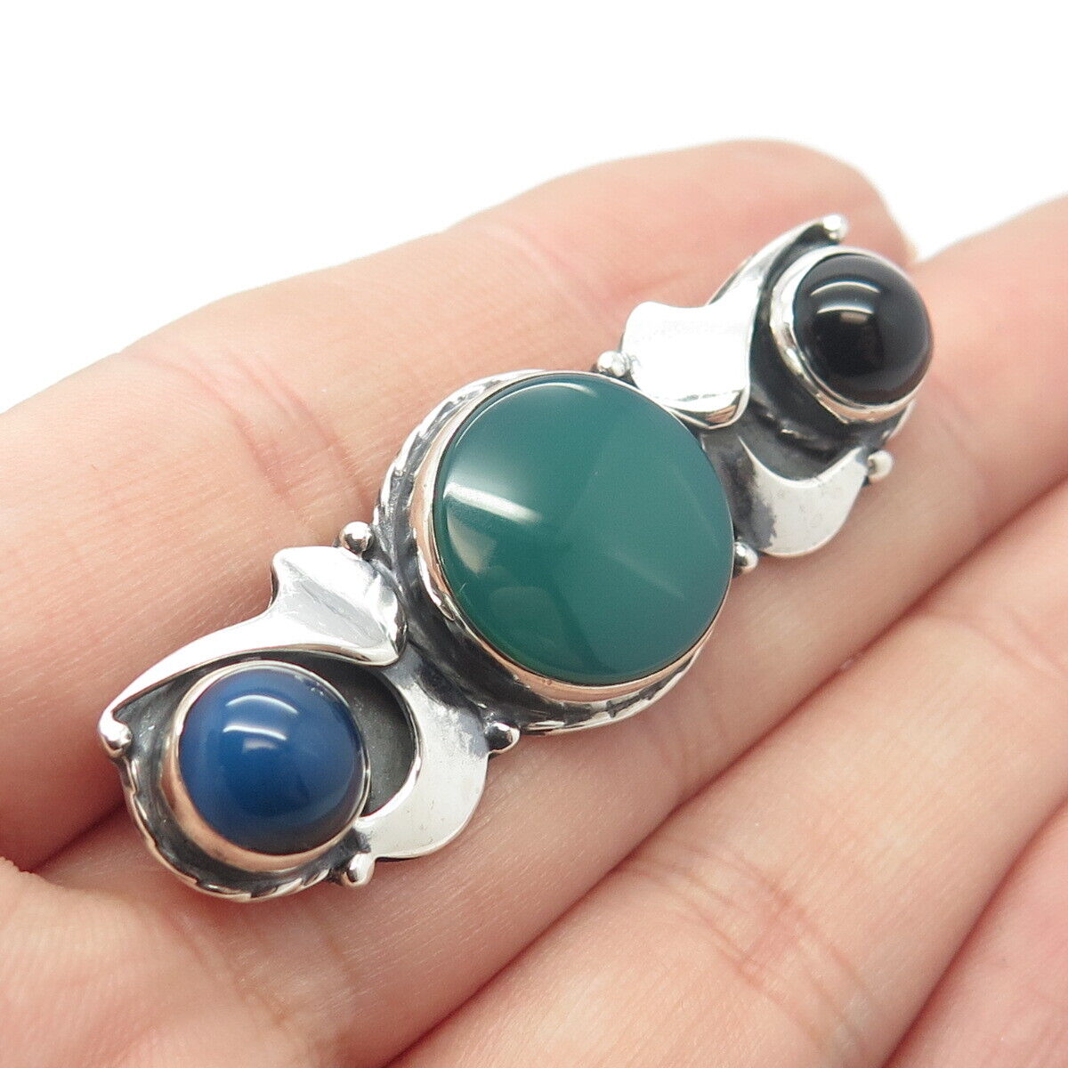 925 Sterling Silver Vintage Real Green Onyx Lapis Lazuli & Black Onyx Gem Brooch