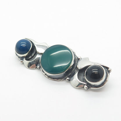 925 Sterling Silver Vintage Real Green Onyx Lapis Lazuli & Black Onyx Gem Brooch