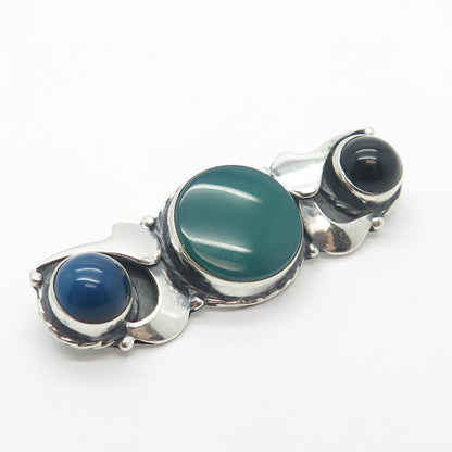 925 Sterling Silver Vintage Real Green Onyx Lapis Lazuli & Black Onyx Gem Brooch