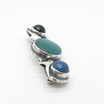 925 Sterling Silver Vintage Real Green Onyx Lapis Lazuli & Black Onyx Gem Brooch