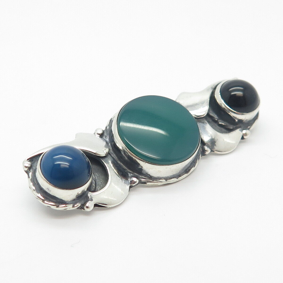 925 Sterling Silver Vintage Real Green Onyx Lapis Lazuli & Black Onyx Gem Brooch