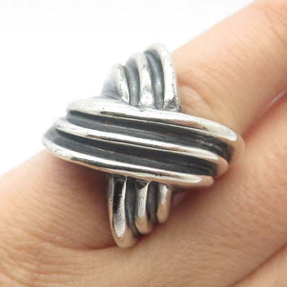 925 Sterling Silver Vintage Ribbed Crossover Ring Size 4.25