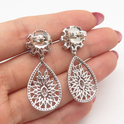 925 Sterling Silver C Z Teardrop Floral Dangling Earrings