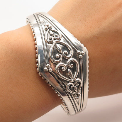 925 Sterling Silver Beaded Heart Cuff Bracelet 7"