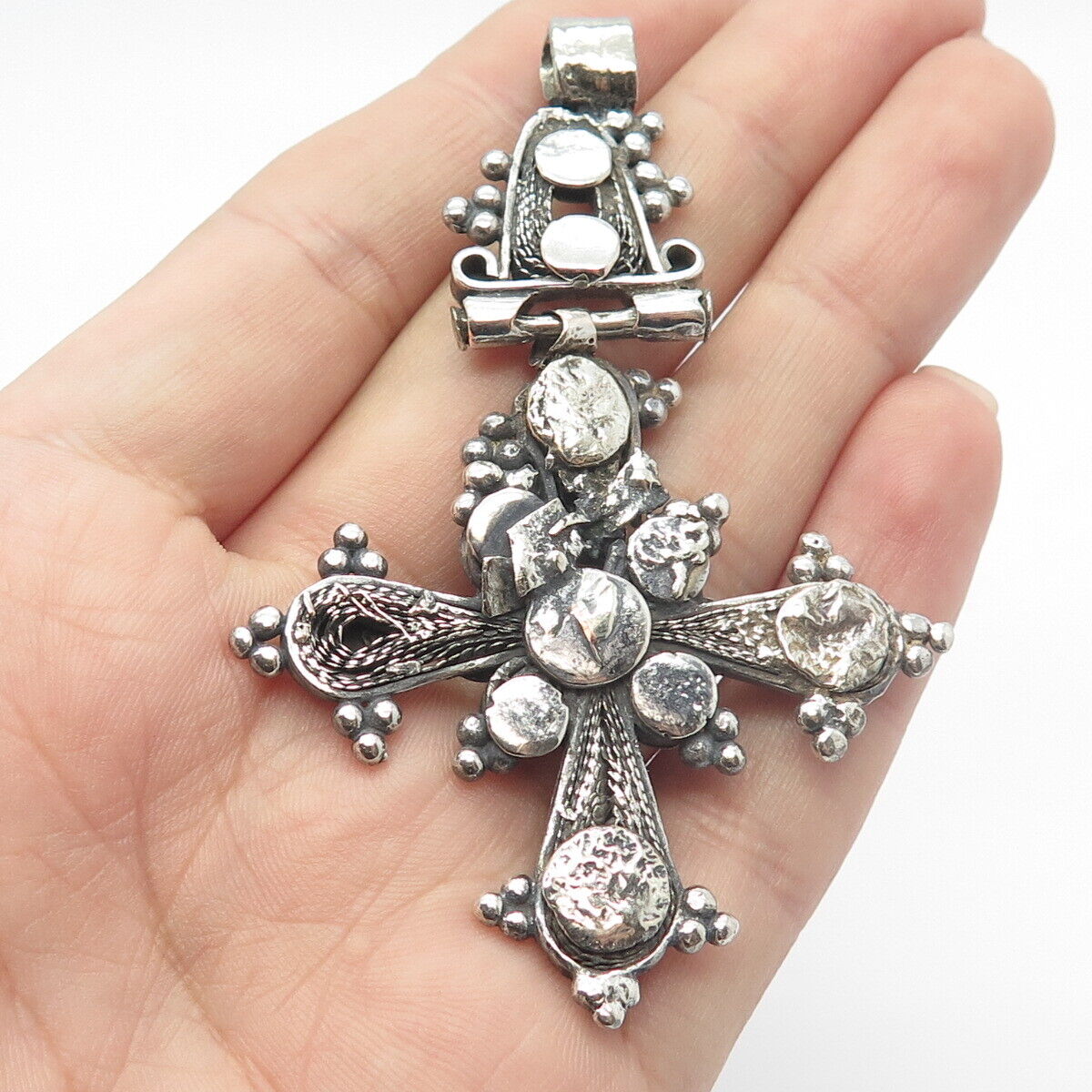 925 Sterling Silver Antique Filigree Cross Beaded Pendant