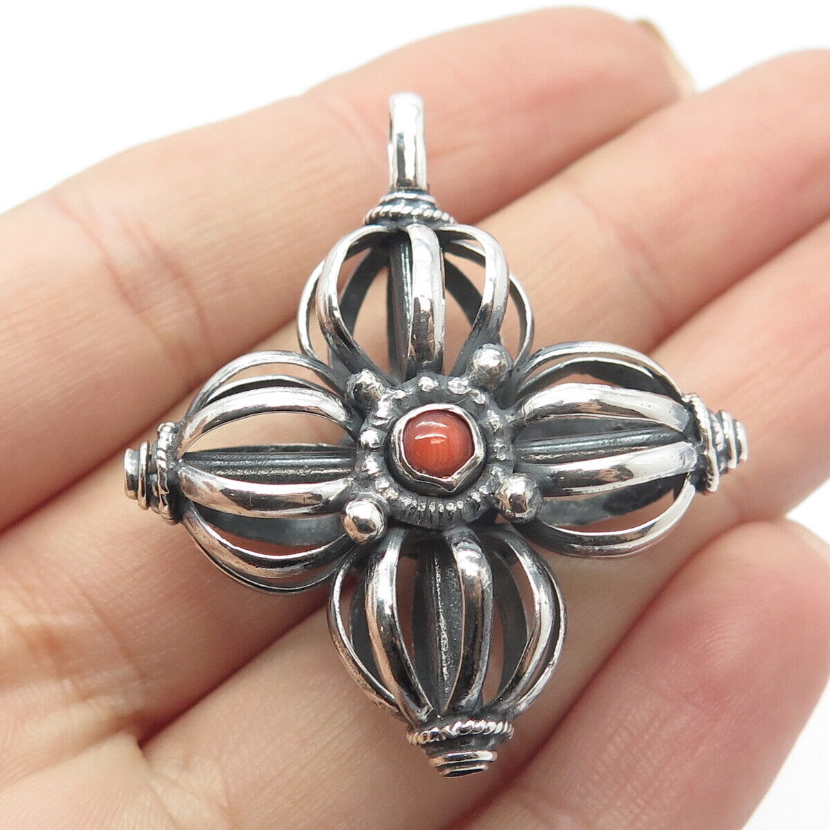 925 Sterling Silver Antique Real Coral Cross Pendant