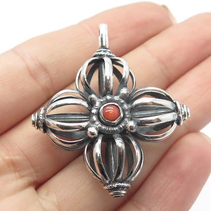 925 Sterling Silver Antique Real Coral Cross Pendant