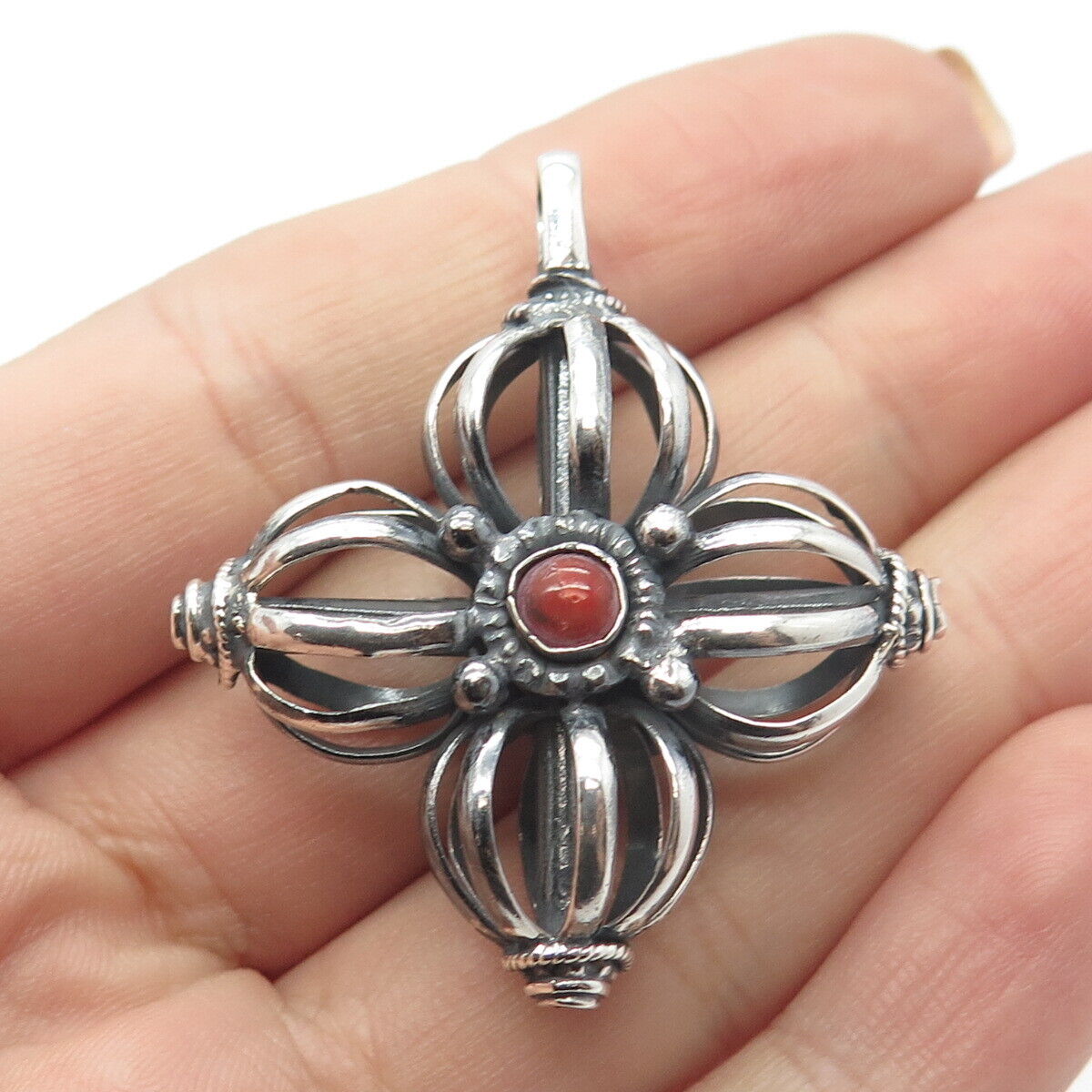 925 Sterling Silver Antique Real Coral Cross Pendant