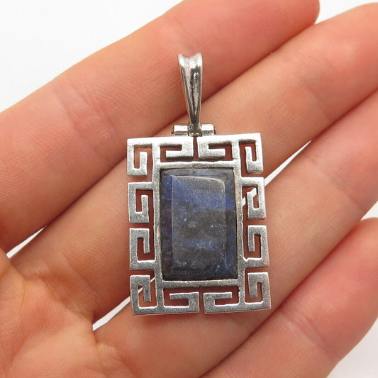 950 Silver Vintage Mexico Real Sodalite Inlay Greek Maze Rectangle Pendant