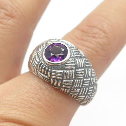 925 Sterling Silver Vintage Real Amethyst Gem Woven Ring Size 9.5