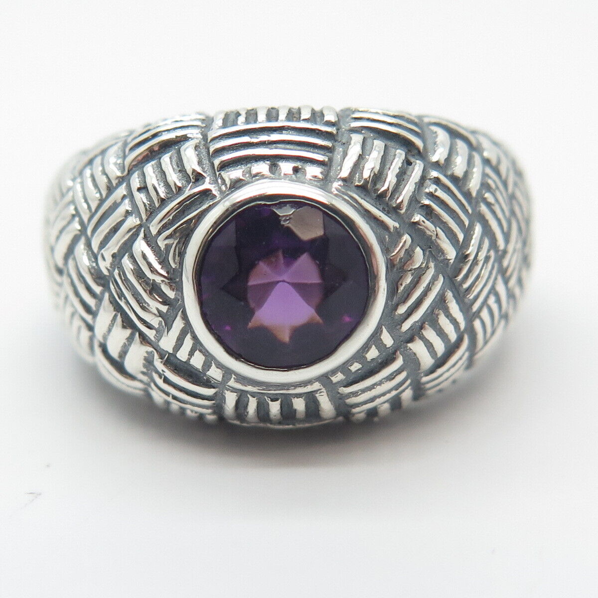 925 Sterling Silver Vintage Real Amethyst Gem Woven Ring Size 9.5