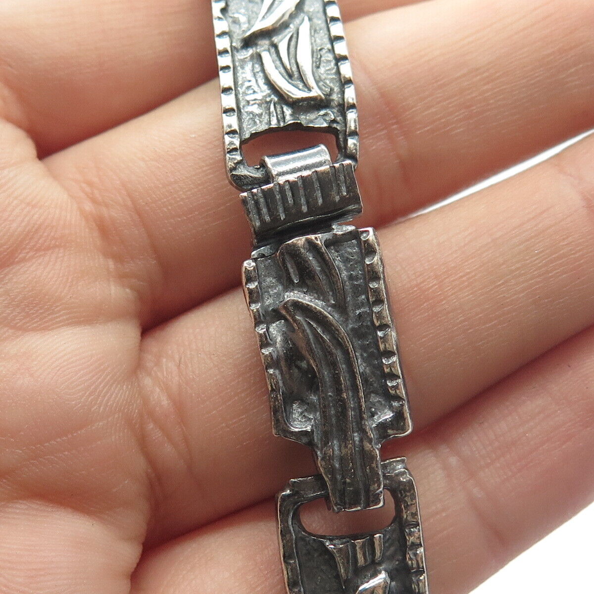 925 Sterling Silver Vintage Mexico Black Onyx Tribal Woman Bar Chain Necklace 16