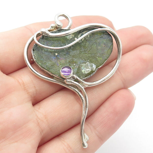 925 Sterling Silver Vintage Real Amethyst & Roman Glass Modernist Pin Pendant