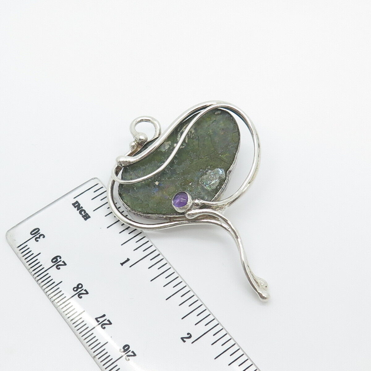 925 Sterling Silver Vintage Real Amethyst & Roman Glass Modernist Pin Pendant