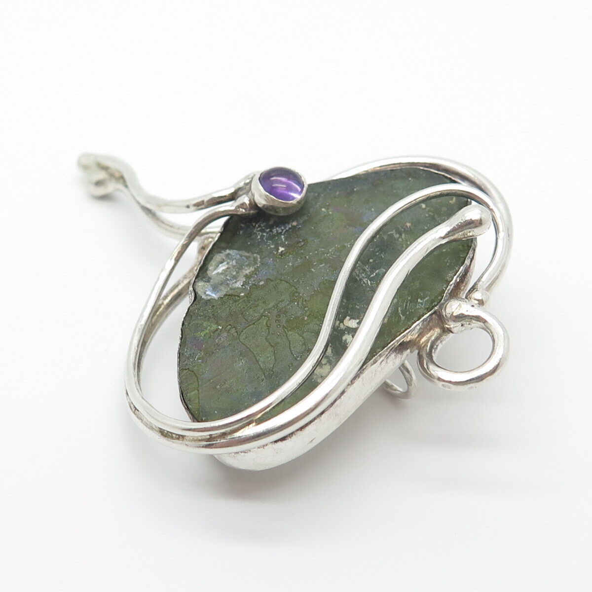 925 Sterling Silver Vintage Real Amethyst & Roman Glass Modernist Pin Pendant