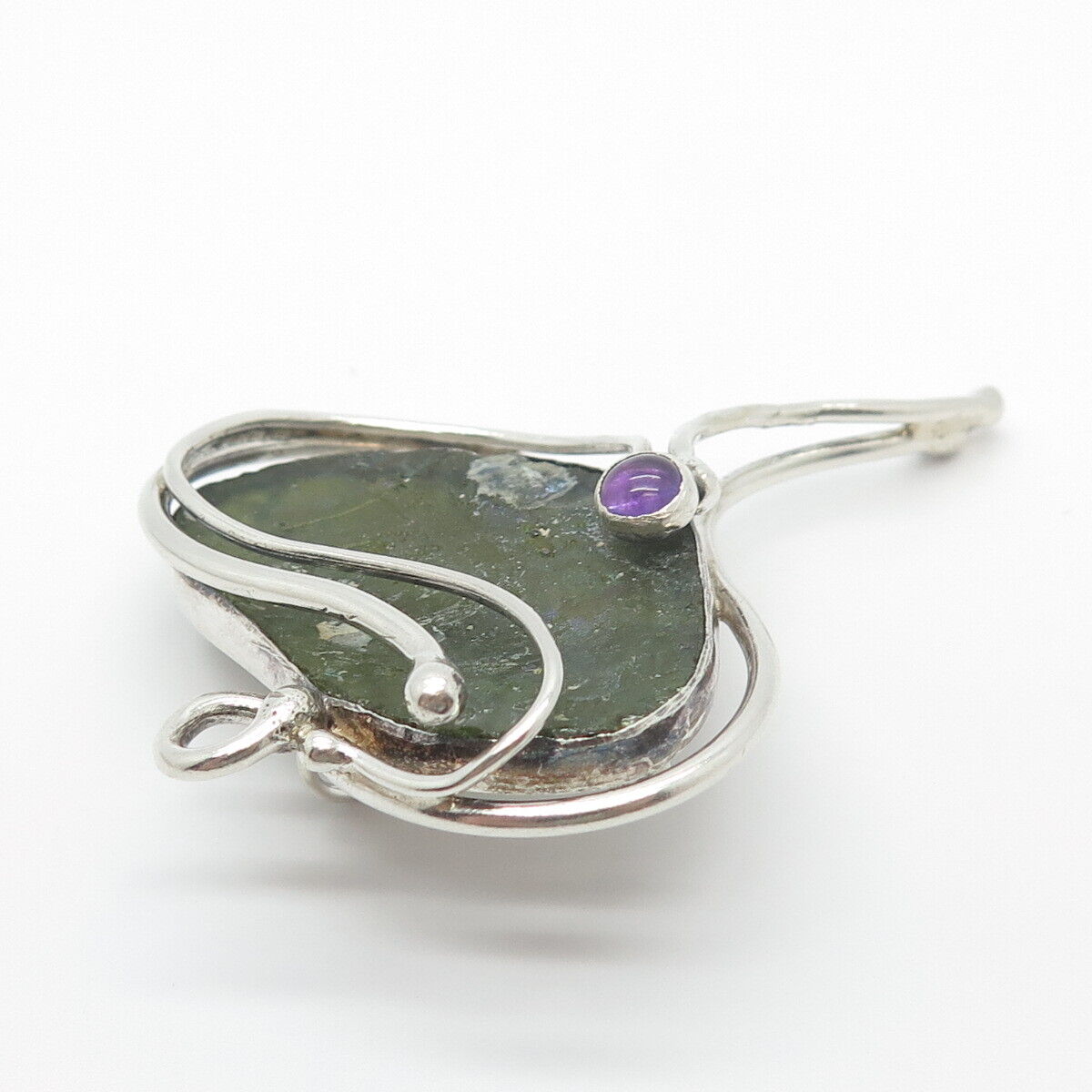 925 Sterling Silver Vintage Real Amethyst & Roman Glass Modernist Pin Pendant