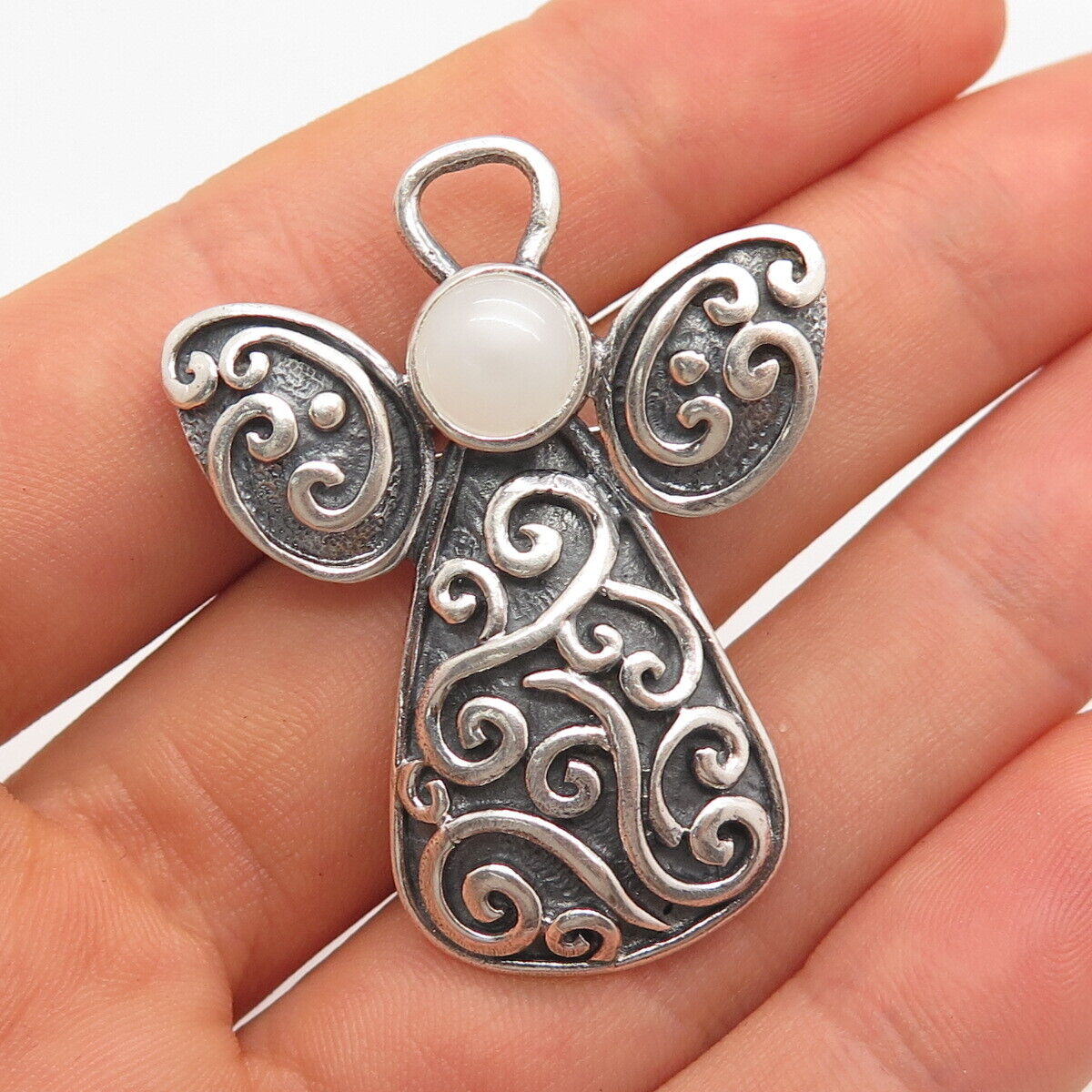 925 Sterling Silver Vintage Milky Chalcedony Gem Ornate Angel Pin Brooch/Pendant