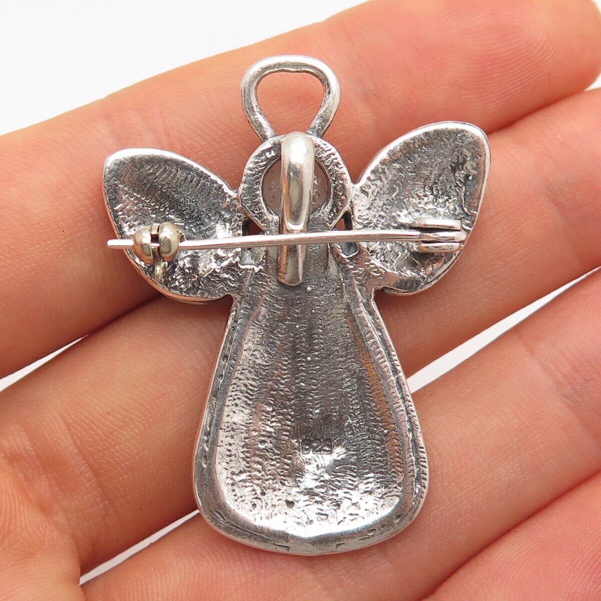 925 Sterling Silver Vintage Milky Chalcedony Gem Ornate Angel Pin Brooch/Pendant