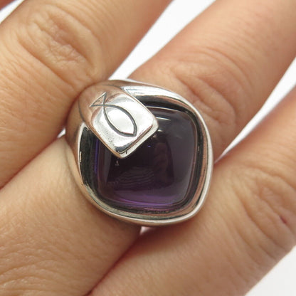 925 Sterling Silver Vintage Clio Blue Real Amethyst Gem Ichthys Fish Ring Size 7