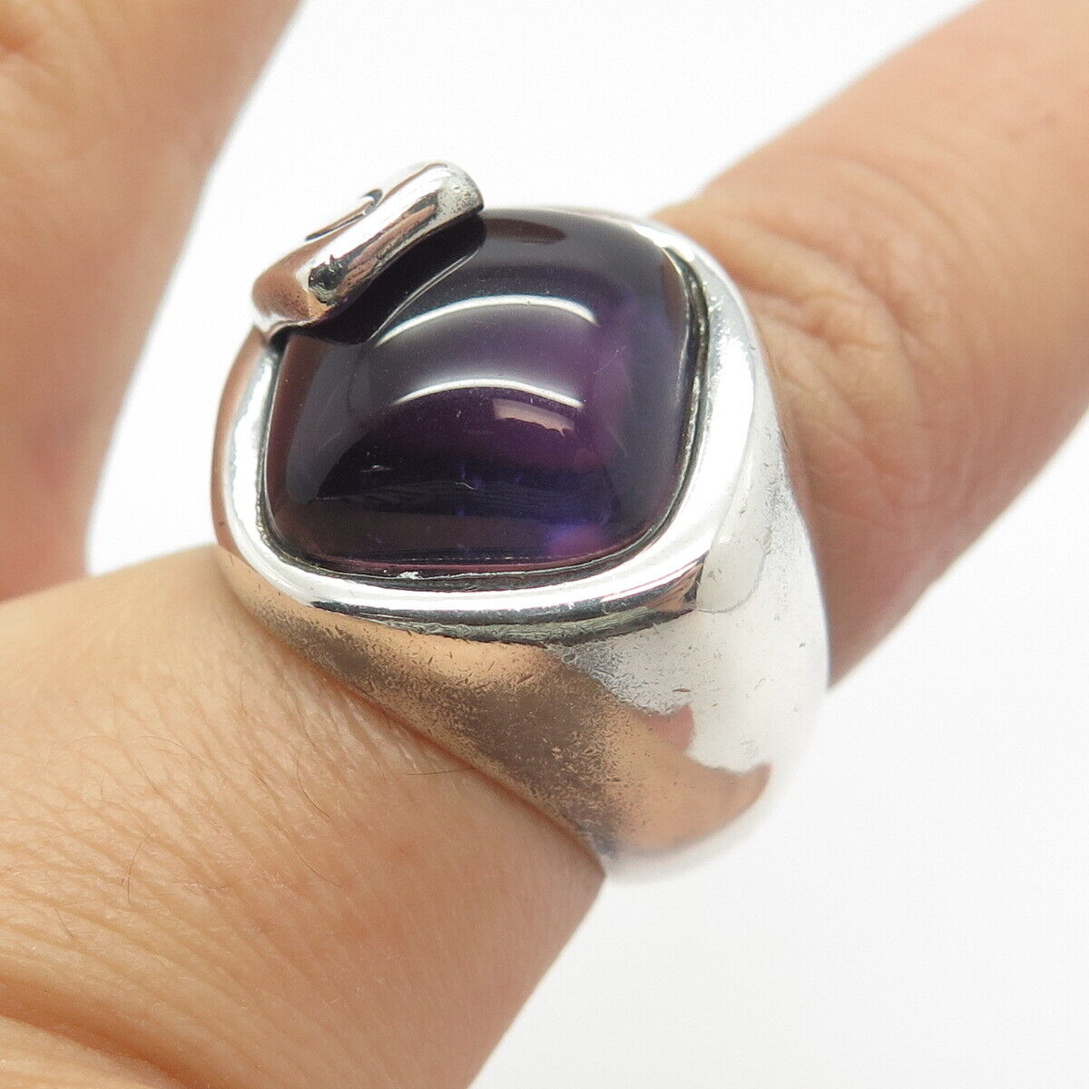 925 Sterling Silver Vintage Clio Blue Real Amethyst Gem Ichthys Fish Ring Size 7