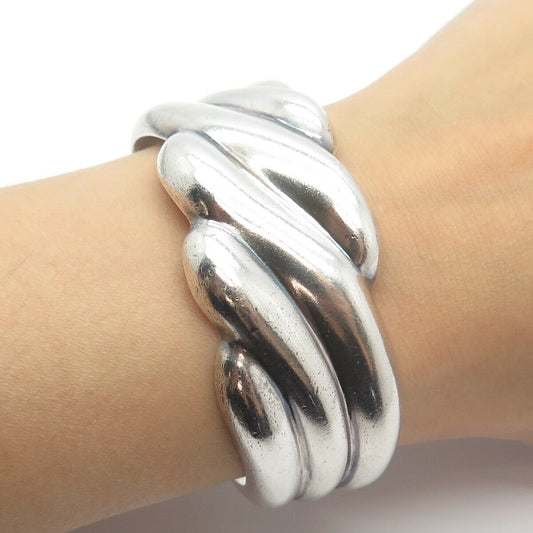 925 Sterling Silver Vintage Ribbed Wide Adjustable Cuff Bracelet 6"