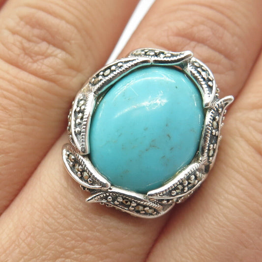 925 Sterling Silver Vintage Real Turquoise & Marcasite Gem Ring Size 6.75