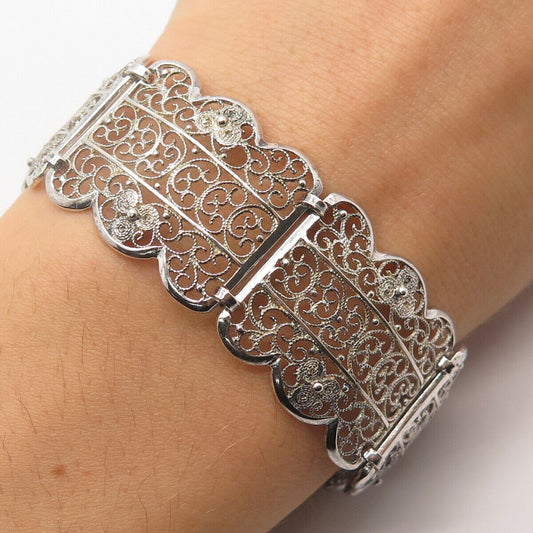 835 Silver Vintage Ornate Filigree Panel Link Bracelet 6.75"