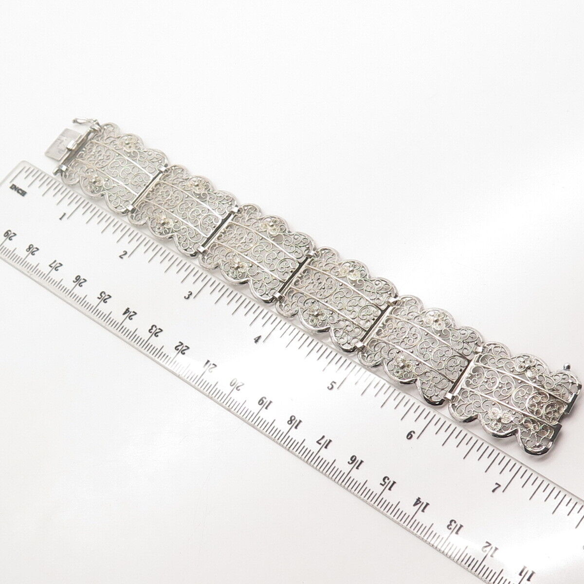 835 Silver Vintage Ornate Filigree Panel Link Bracelet 6.75"