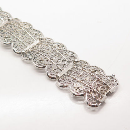 835 Silver Vintage Ornate Filigree Panel Link Bracelet 6.75"